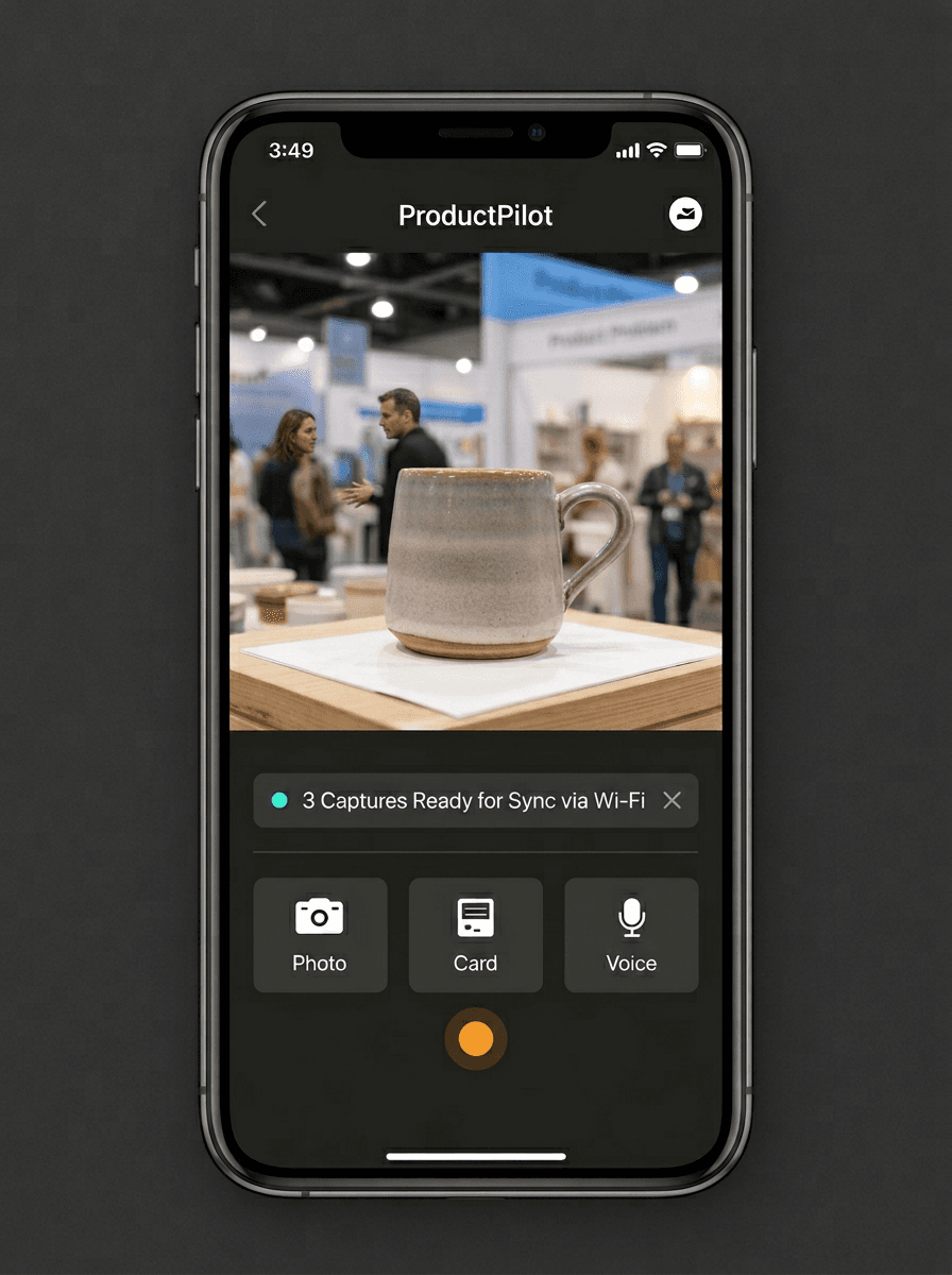 Mobile capture screen with photo, card, voice and quote sheet options.