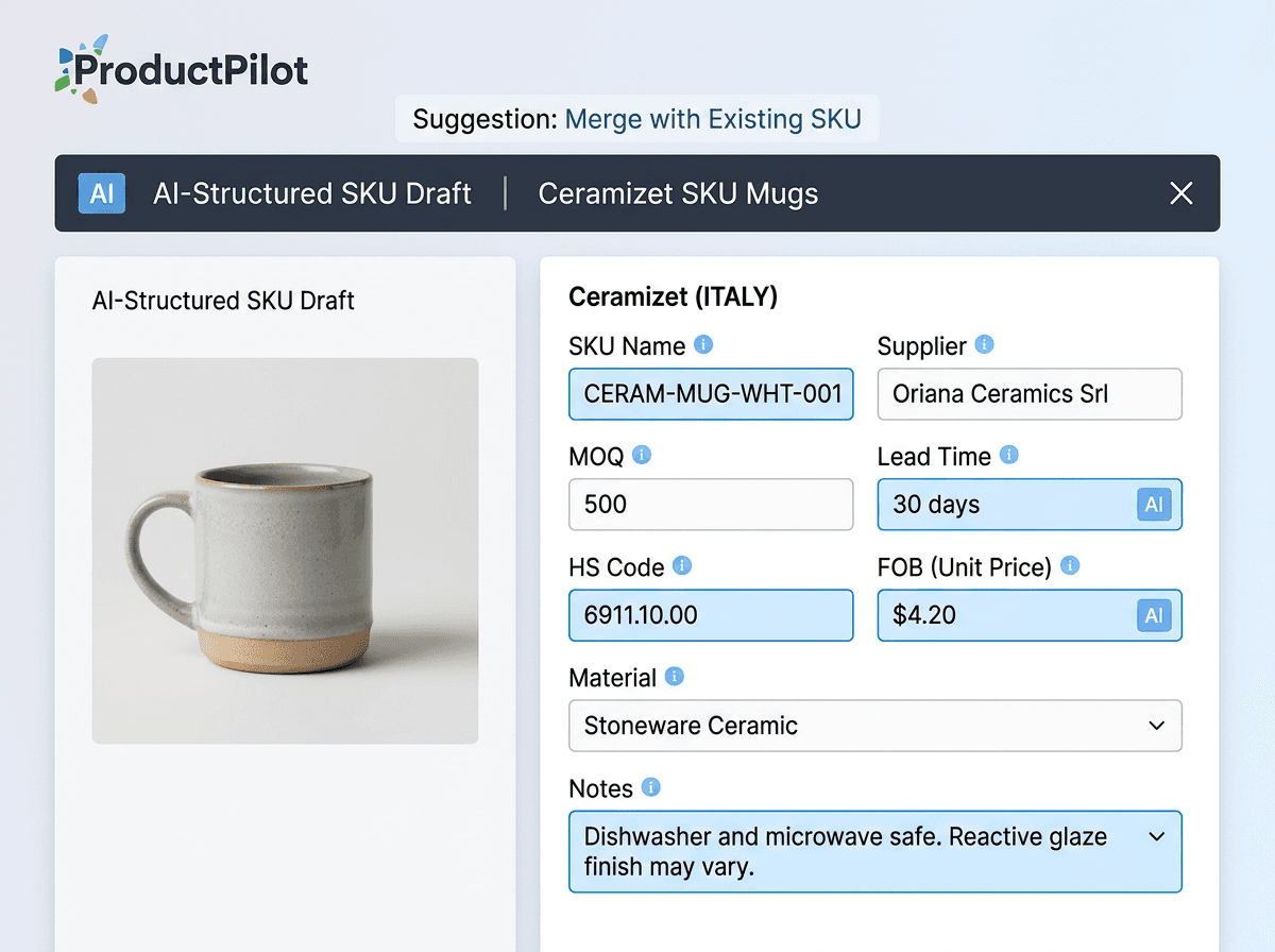 AI-structured SKU draft with auto-populated supplier and pricing fields.