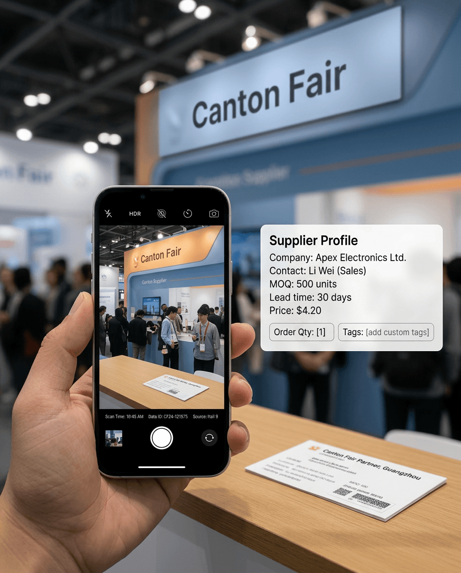 A buyer captures a supplier business card on a phone at the Canton Fair while BuyPilot extracts a structured supplier card.